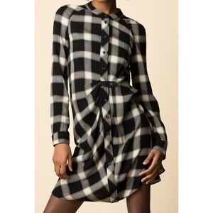 DEREK LAM 10 CROSBY Black Beige Plaid Long Sleeve Ruched Side Shirt Dresd Sz 6